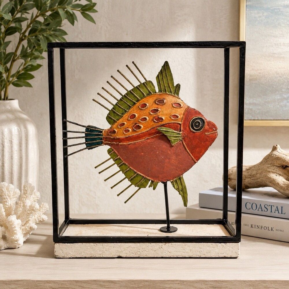 Vintage Metal Tropical Fish Sculpture Art In Open Frame Nautical Coastal Decor